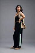 Load image into Gallery viewer, BEIGE CO-ORD SET WITH NEON GEOMETRIC PANELLED SLEEVELESS BLAZER, TWISTED TOP AND STRIPE PANTS
