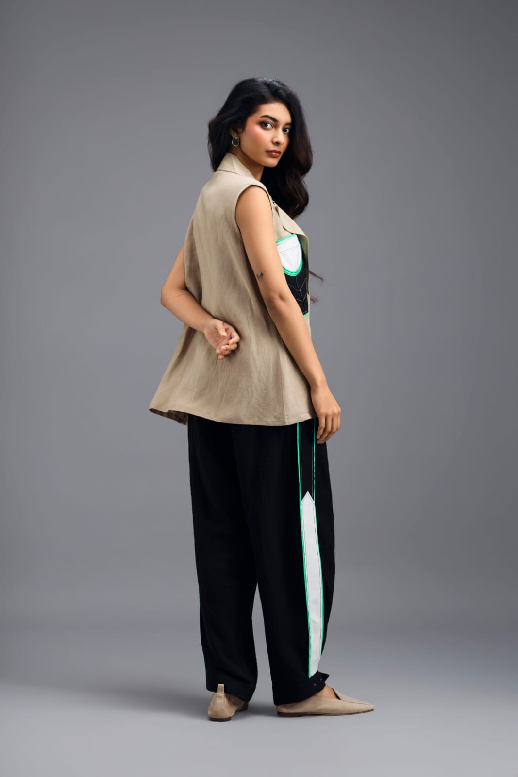 BEIGE CO-ORD SET WITH NEON GEOMETRIC PANELLED SLEEVELESS BLAZER, TWISTED TOP AND STRIPE PANTS
