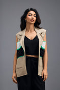 Load image into Gallery viewer, BEIGE CO-ORD SET WITH NEON GEOMETRIC PANELLED SLEEVELESS BLAZER, TWISTED TOP AND STRIPE PANTS
