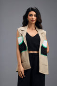 Load image into Gallery viewer, BEIGE CO-ORD SET WITH NEON GEOMETRIC PANELLED SLEEVELESS BLAZER, TWISTED TOP AND STRIPE PANTS
