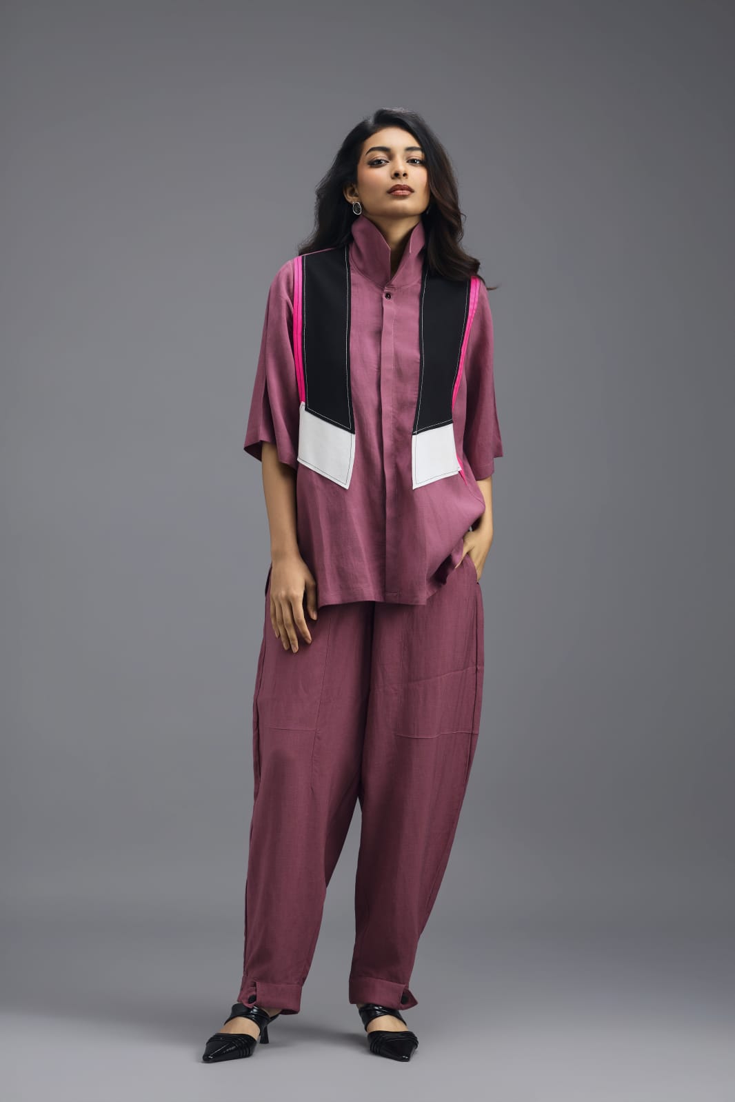 PINK JACKET LINEN CO-ORD SET WITH NEON GEOMETRIC PANELLED TOP AND PANTS