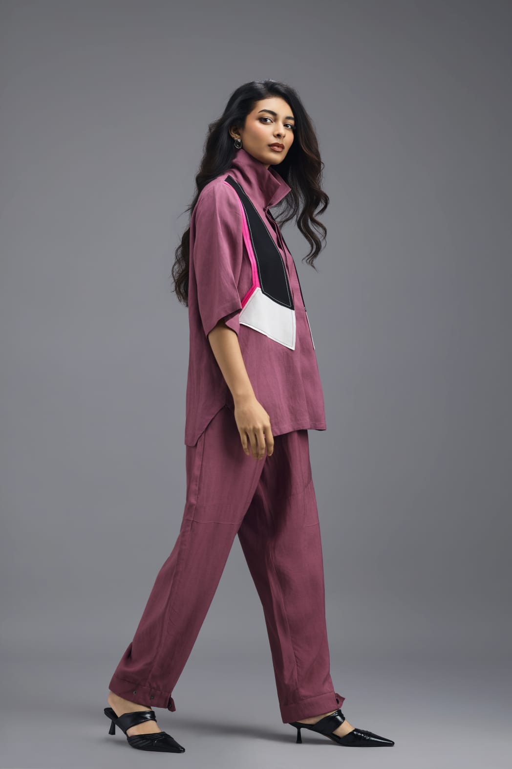 PINK JACKET LINEN CO-ORD SET WITH NEON GEOMETRIC PANELLED TOP AND PANTS