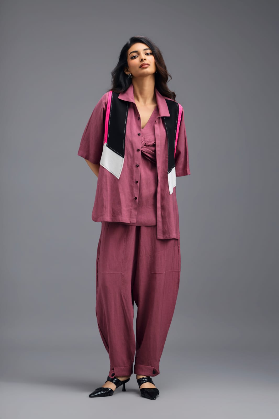 PINK JACKET LINEN CO-ORD SET WITH NEON GEOMETRIC PANELLED TOP AND PANTS