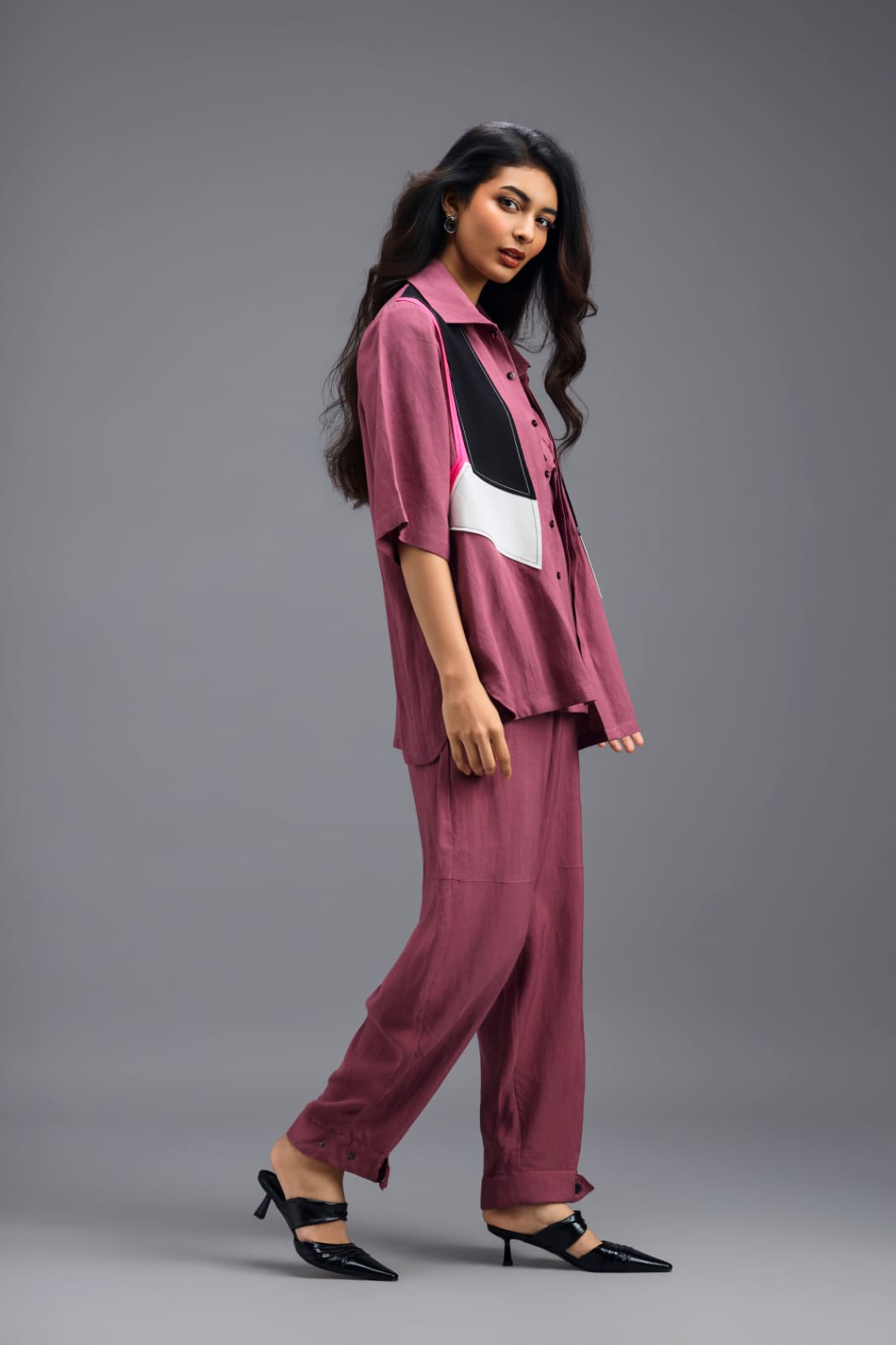 PINK JACKET LINEN CO-ORD SET WITH NEON GEOMETRIC PANELLED TOP AND PANTS