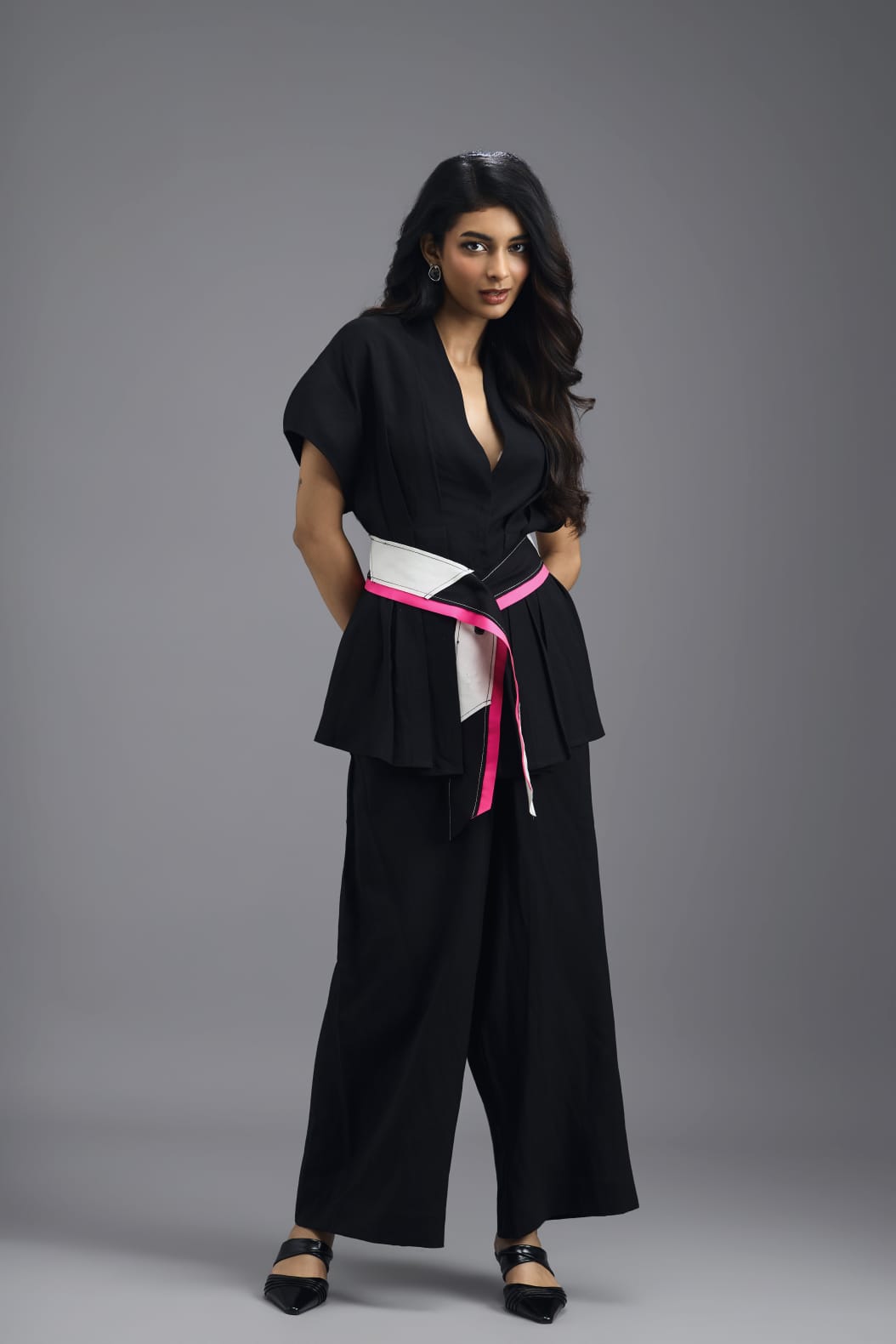 BLACK MEGA SLEEVE TOP WITH PLEATED TUCK DETAIL AND NEON GEOMETRIC BELT