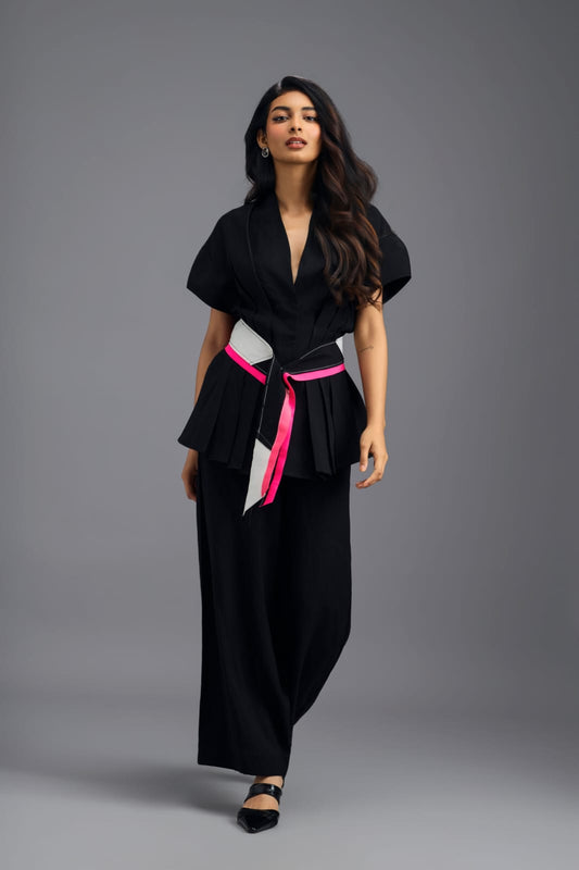 BLACK MEGA SLEEVE TOP WITH PLEATED TUCK DETAIL AND NEON GEOMETRIC BELT