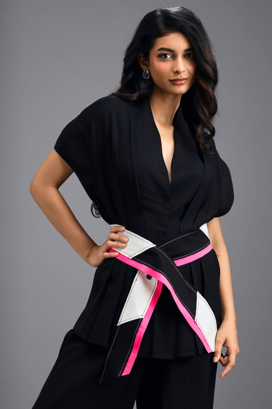 BLACK MEGA SLEEVE TOP WITH PLEATED TUCK DETAIL AND NEON GEOMETRIC BELT