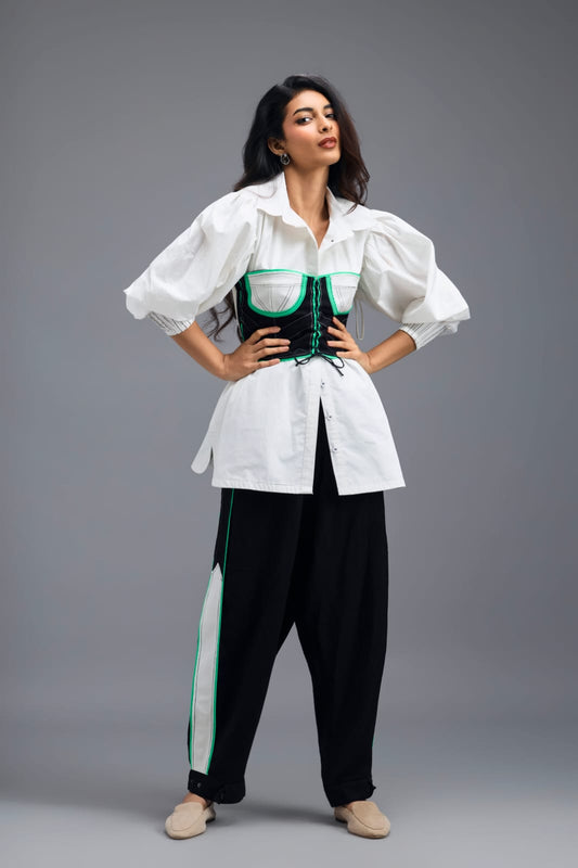BLACK CO-ORD SET WITH KNOTTED BUSTIER, OVERSIZED SHIRT AND SIDE-STRIPE TROUSERS