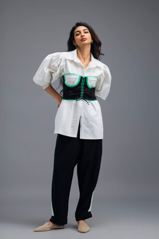 BLACK CO-ORD SET WITH KNOTTED BUSTIER, OVERSIZED SHIRT AND SIDE-STRIPE TROUSERS