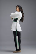 Load image into Gallery viewer, BLACK CO-ORD SET WITH KNOTTED BUSTIER, OVERSIZED SHIRT AND SIDE-STRIPE TROUSERS
