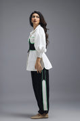 Load image into Gallery viewer, BLACK CO-ORD SET WITH KNOTTED BUSTIER, OVERSIZED SHIRT AND SIDE-STRIPE TROUSERS

