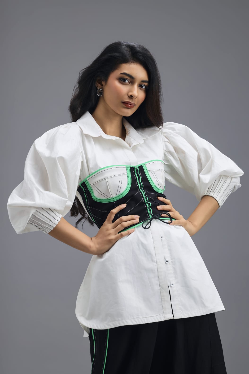 BLACK CO-ORD SET WITH KNOTTED BUSTIER, OVERSIZED SHIRT AND SIDE-STRIPE TROUSERS