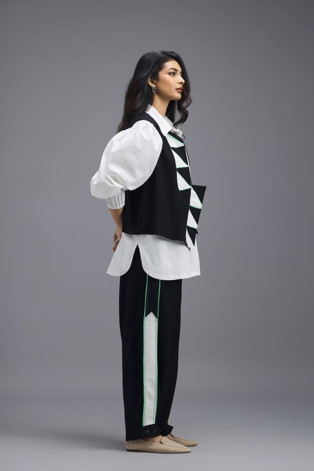 BLACK CO-ORD SET WITH PANELLED VEST, PUFF-SLEEVE SHIRT AND CONTRAST STRIPE TROUSERS