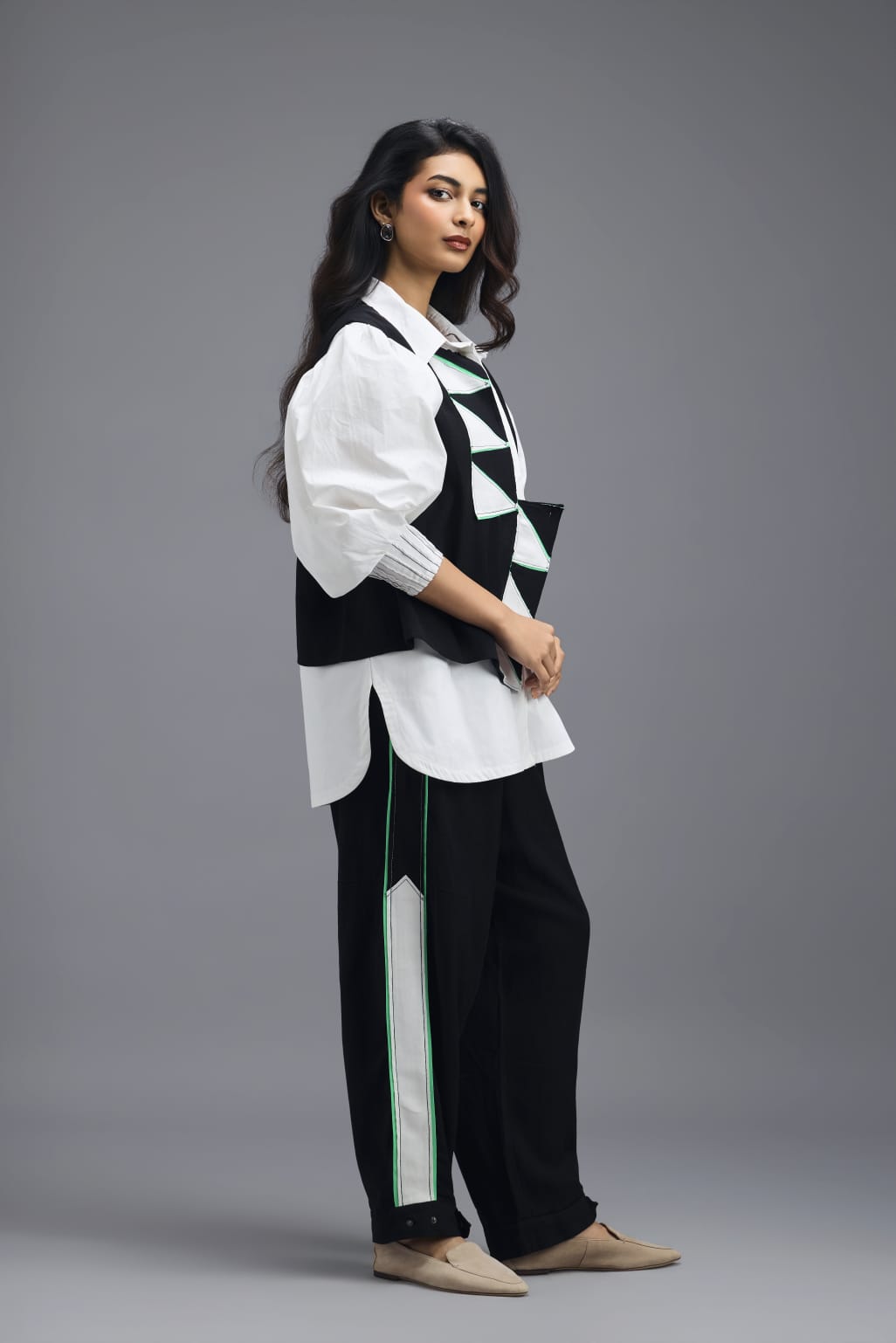 BLACK CO-ORD SET WITH PANELLED VEST, PUFF-SLEEVE SHIRT AND CONTRAST STRIPE TROUSERS