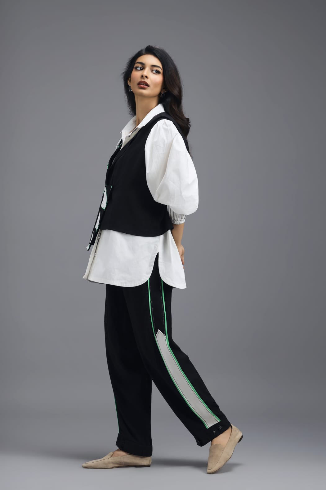 BLACK CO-ORD SET WITH PANELLED VEST, PUFF-SLEEVE SHIRT AND CONTRAST STRIPE TROUSERS