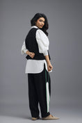 Load image into Gallery viewer, BLACK CO-ORD SET WITH PANELLED VEST, PUFF-SLEEVE SHIRT AND CONTRAST STRIPE TROUSERS

