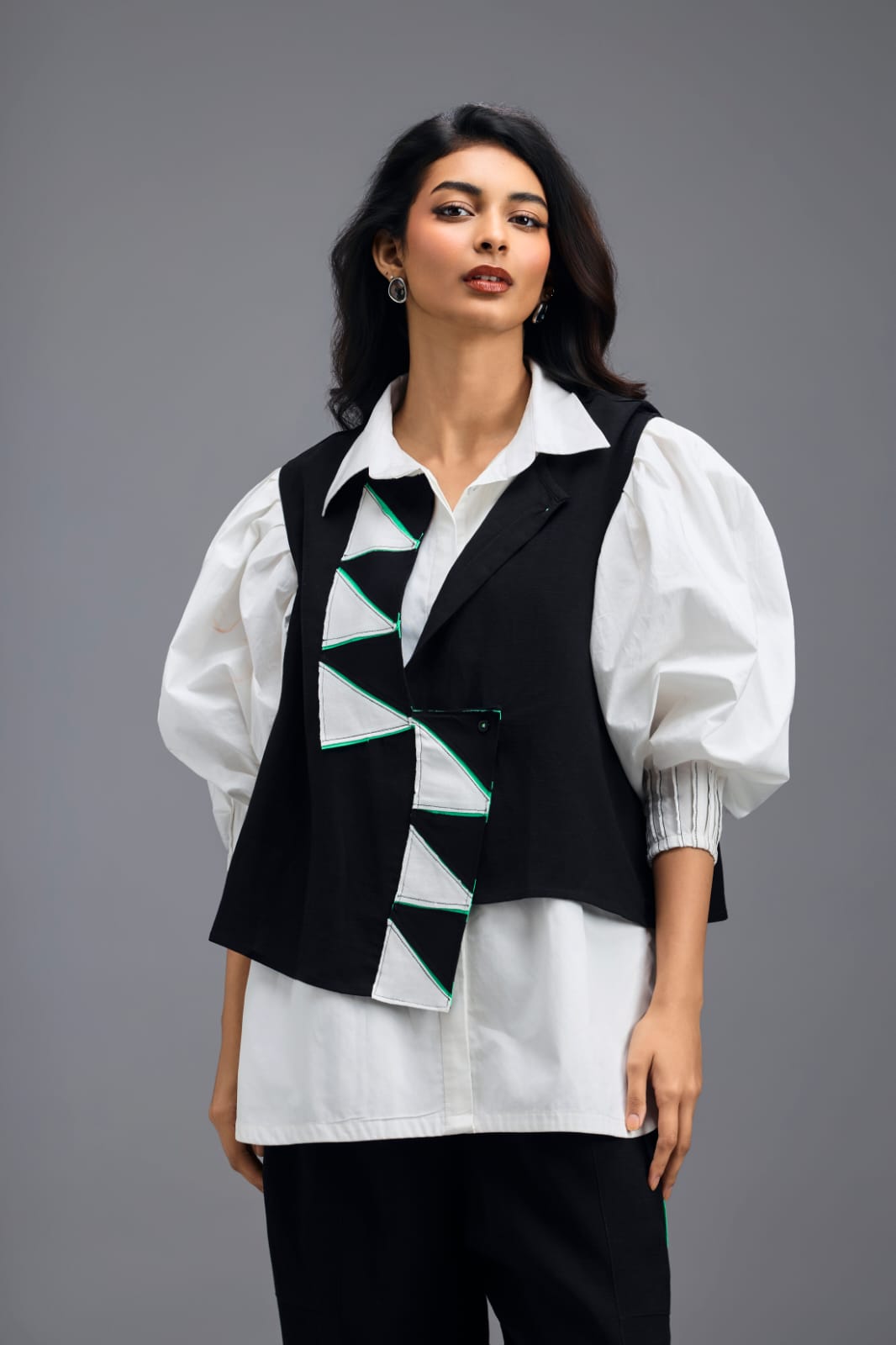 BLACK CO-ORD SET WITH PANELLED VEST, PUFF-SLEEVE SHIRT AND CONTRAST STRIPE TROUSERS
