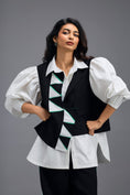 Load image into Gallery viewer, BLACK CO-ORD SET WITH PANELLED VEST, PUFF-SLEEVE SHIRT AND CONTRAST STRIPE TROUSERS
