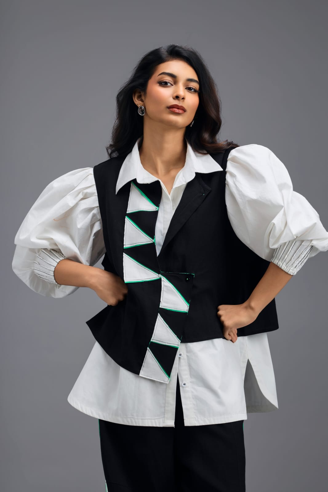 BLACK CO-ORD SET WITH PANELLED VEST, PUFF-SLEEVE SHIRT AND CONTRAST STRIPE TROUSERS
