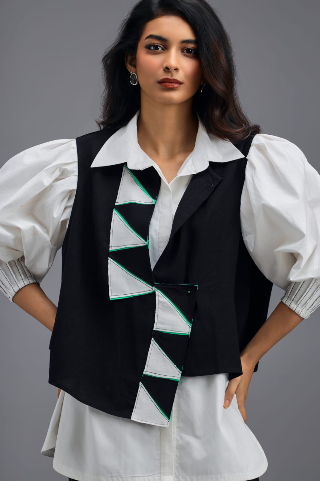 BLACK CO-ORD SET WITH PANELLED VEST, PUFF-SLEEVE SHIRT AND CONTRAST STRIPE TROUSERS