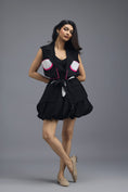 Load image into Gallery viewer, BLACK CO-ORD SET WITH NEON GEOMETRIC PANELLED SLEEVELESS BLAZER AND BUBBLE SKIRT
