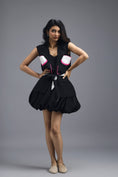 Load image into Gallery viewer, BLACK CO-ORD SET WITH NEON GEOMETRIC PANELLED SLEEVELESS BLAZER AND BUBBLE SKIRT
