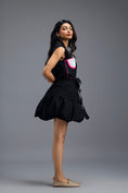 Load image into Gallery viewer, BLACK CO-ORD SET WITH NEON GEOMETRIC PANELLED SLEEVELESS BLAZER AND BUBBLE SKIRT
