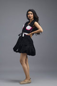 Load image into Gallery viewer, BLACK CO-ORD SET WITH NEON GEOMETRIC PANELLED SLEEVELESS BLAZER AND BUBBLE SKIRT

