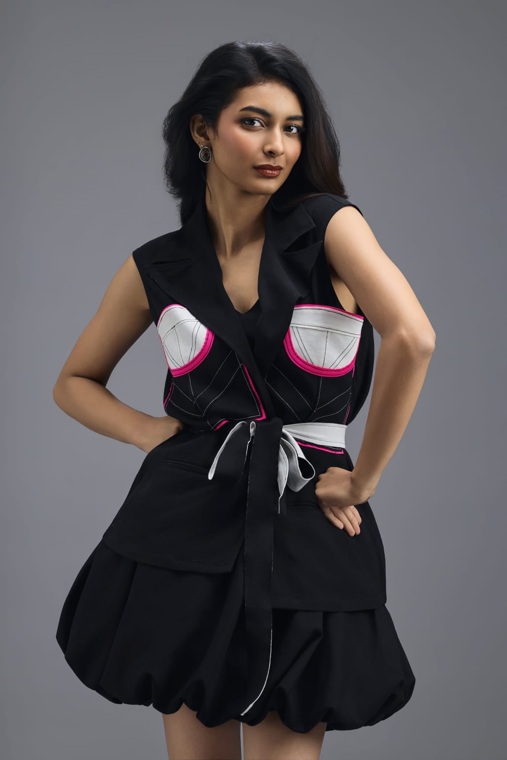 BLACK CO-ORD SET WITH NEON GEOMETRIC PANELLED SLEEVELESS BLAZER AND BUBBLE SKIRT
