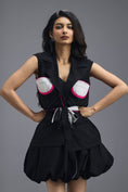 Load image into Gallery viewer, BLACK CO-ORD SET WITH NEON GEOMETRIC PANELLED SLEEVELESS BLAZER AND BUBBLE SKIRT
