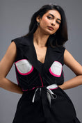 Load image into Gallery viewer, BLACK CO-ORD SET WITH NEON GEOMETRIC PANELLED SLEEVELESS BLAZER AND BUBBLE SKIRT
