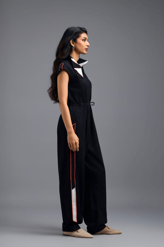 BLACK DRAWSTRING JUMPSUIT WITH NEON SIDE PANEL DETAIL