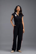 Load image into Gallery viewer, BLACK DRAWSTRING JUMPSUIT WITH NEON SIDE PANEL DETAIL

