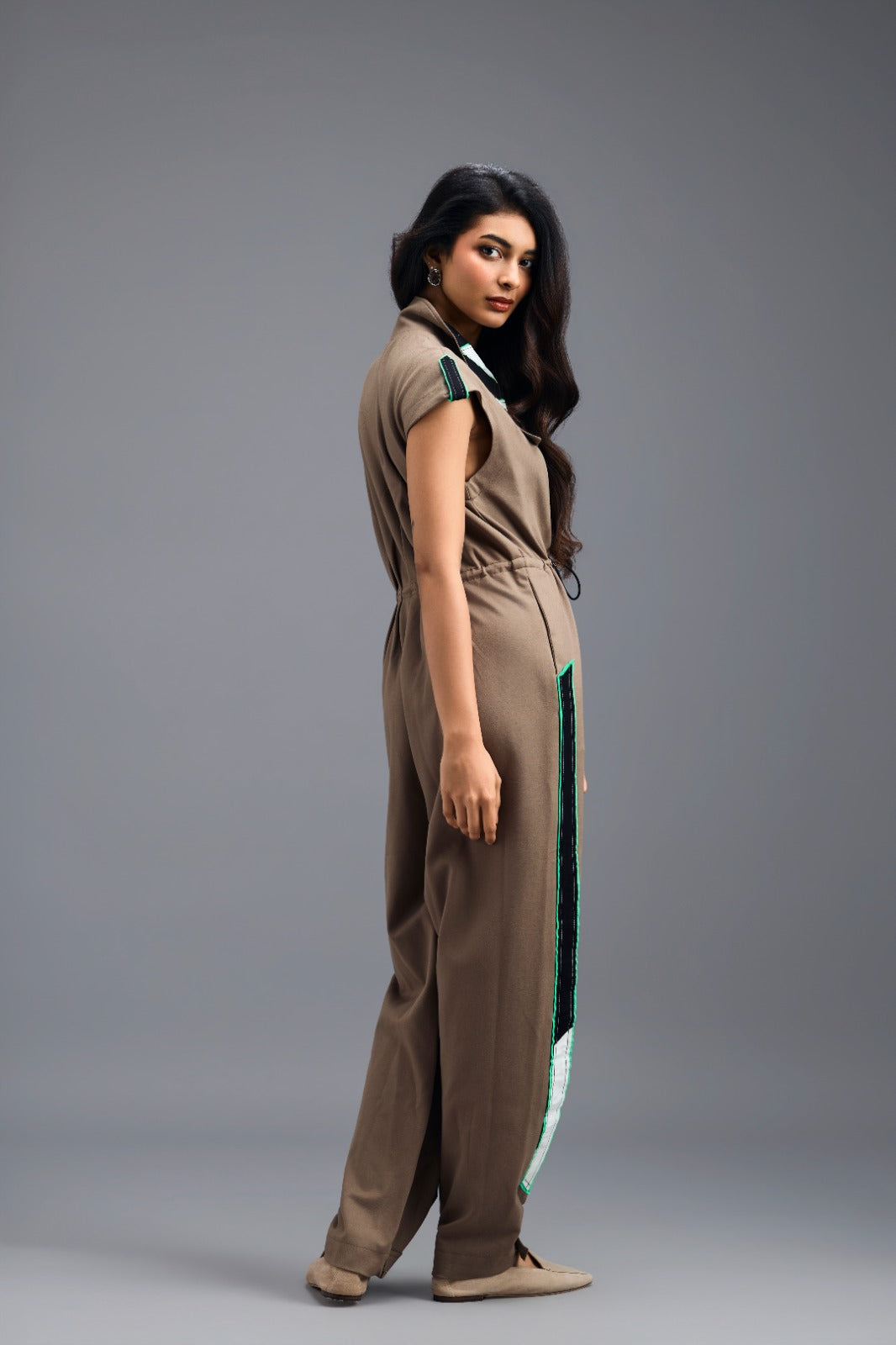 MUD MEGA SLEEVE ZIP-FRONT JUMPSUIT WITH CONTRAST STRIPES