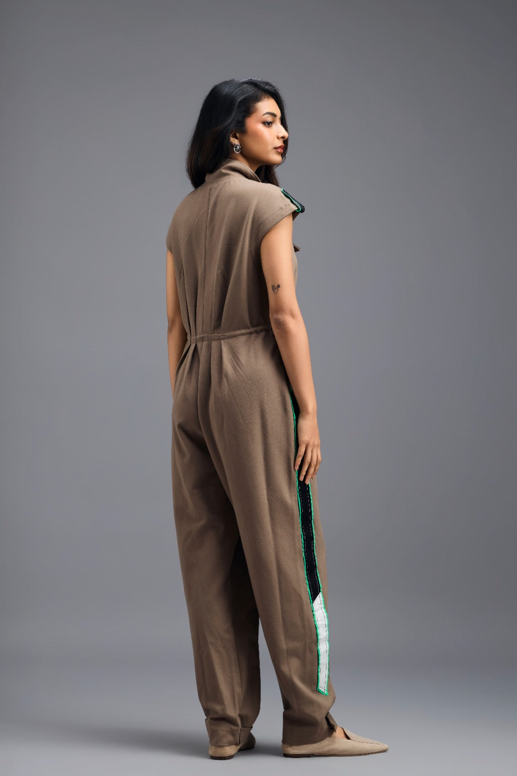 MUD MEGA SLEEVE ZIP-FRONT JUMPSUIT WITH CONTRAST STRIPES