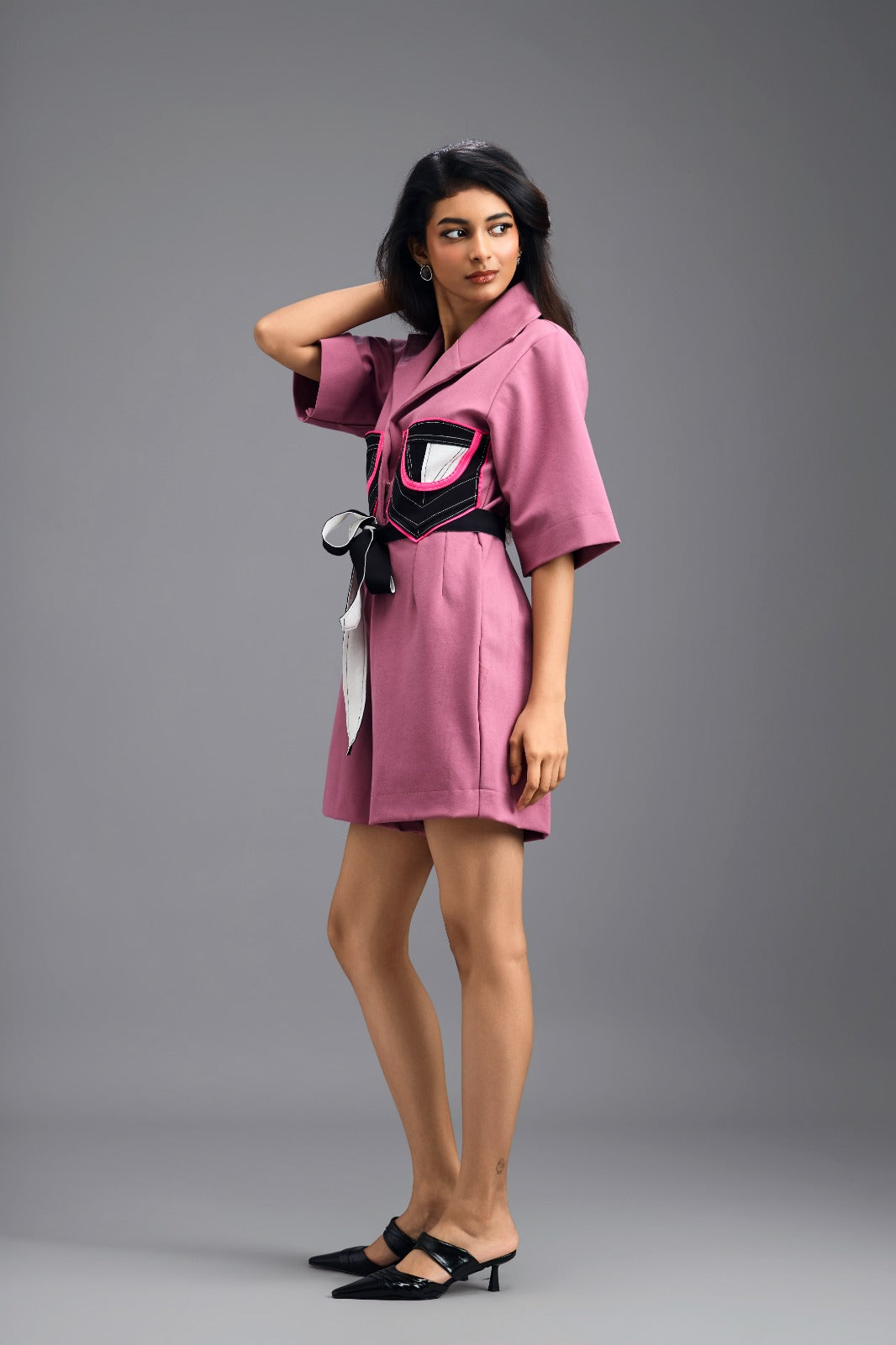 PINK TAILORED PLAYSUIT WITH NEON COLOUR-BLOCK POCKET PANEL