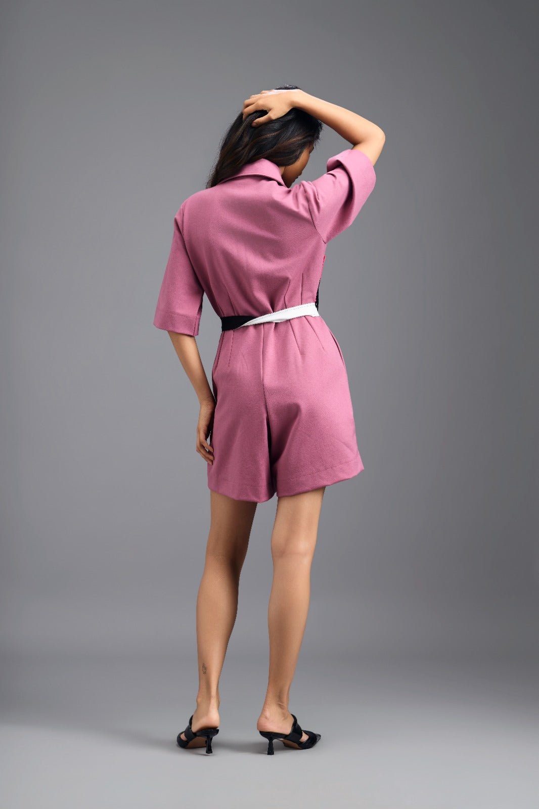 PINK TAILORED PLAYSUIT WITH NEON COLOUR-BLOCK POCKET PANEL