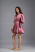 Load image into Gallery viewer, DUSTY PINK PLEATED MINI DRESS WITH NEON PANELLED SIDE DETAIL AND BUBBLE HEM
