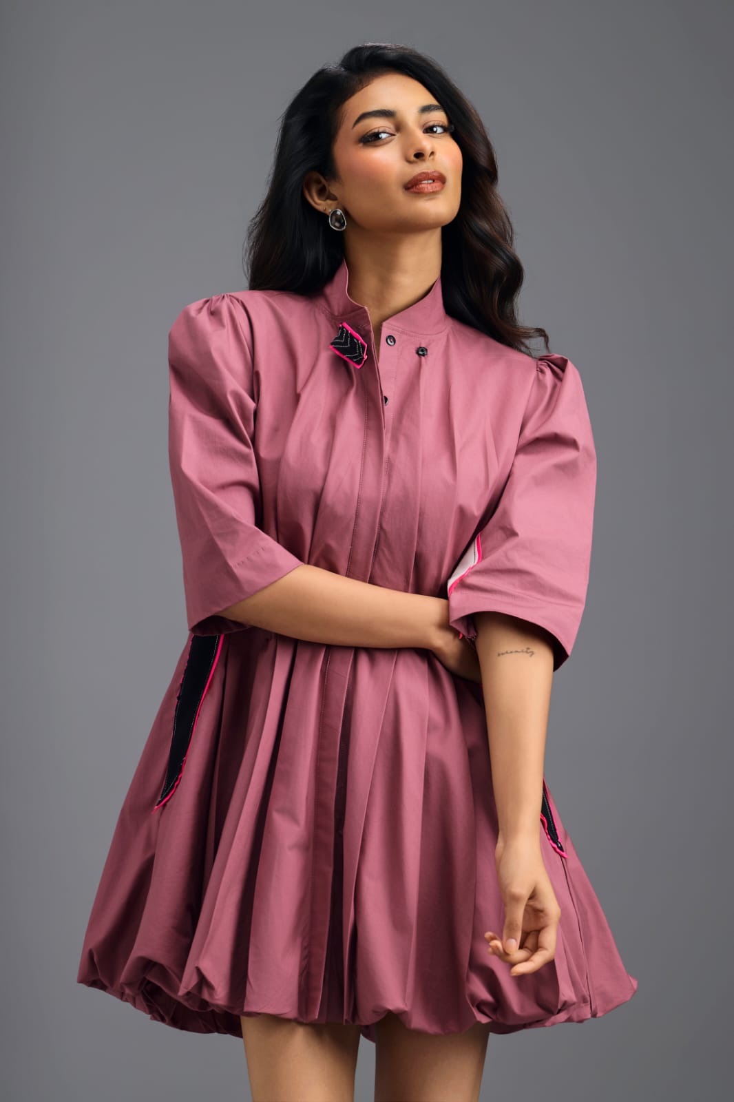 DUSTY PINK PLEATED MINI DRESS WITH NEON PANELLED SIDE DETAIL AND BUBBLE HEM