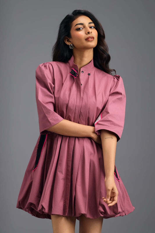 DUSTY PINK PLEATED MINI DRESS WITH NEON PANELLED SIDE DETAIL AND BUBBLE HEM