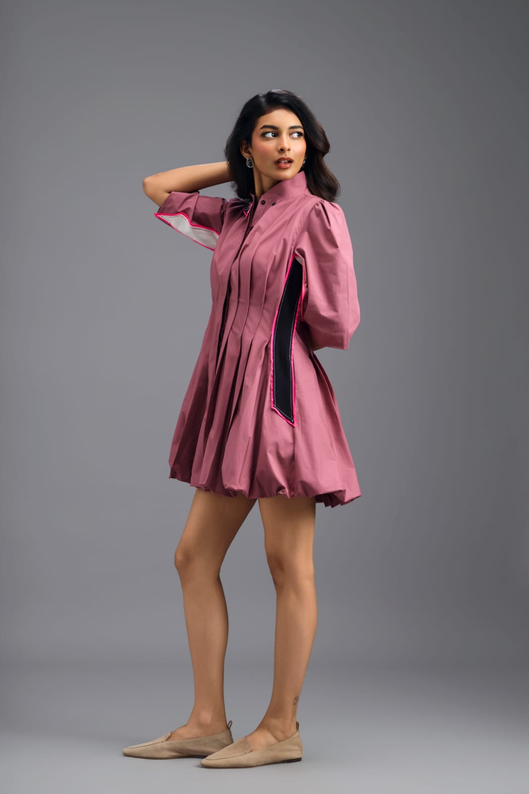 DUSTY PINK PLEATED MINI DRESS WITH NEON PANELLED SIDE DETAIL AND BUBBLE HEM