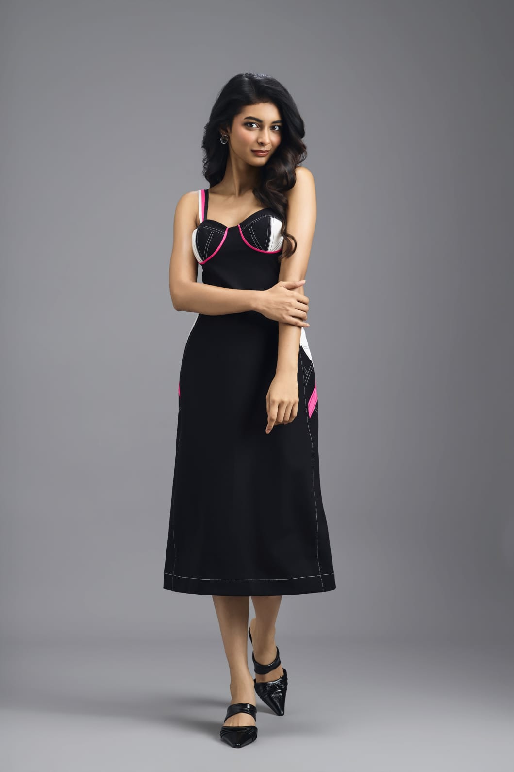 BLACK ASYMMETRIC MIDI DRESS WITH CONTRAST PINK BUSTIER AND RUFFLE HEM
