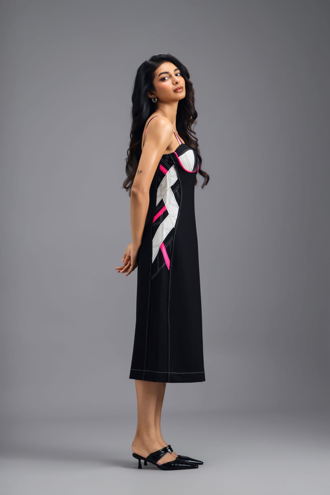 BLACK ASYMMETRIC MIDI DRESS WITH CONTRAST PINK BUSTIER AND RUFFLE HEM