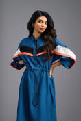 Load image into Gallery viewer, BLUE RELAXED FIT MIDI DRESS WITH NEON CONTRAST PANEL DETAIL
