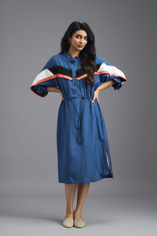 BLUE RELAXED FIT MIDI DRESS WITH NEON CONTRAST PANEL DETAIL