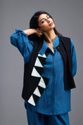 Load image into Gallery viewer, BLACK CO-ORD SET WITH NEON PIPED JACKET, BLUE SHIRT AND LINEN PANTS
