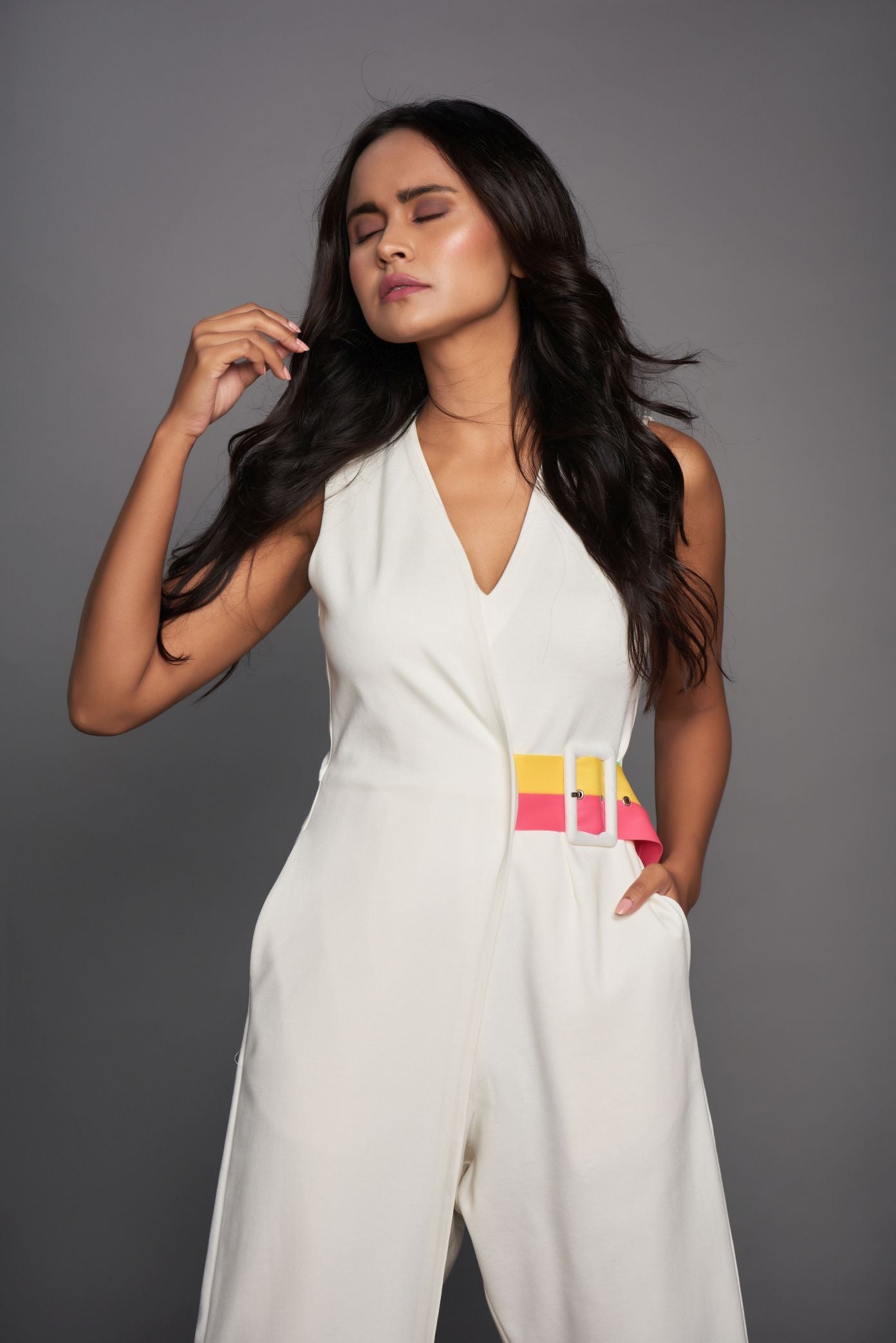 White V Neck Overlap Jumpsuit With Attached Belt