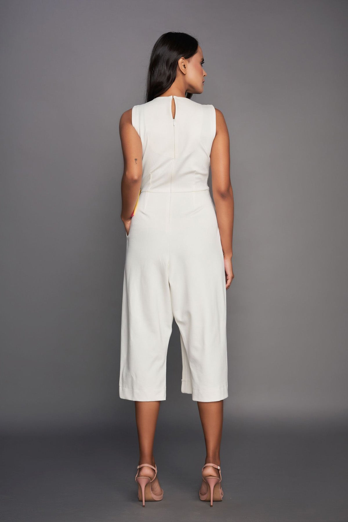 White V Neck Overlap Jumpsuit With Attached Belt
