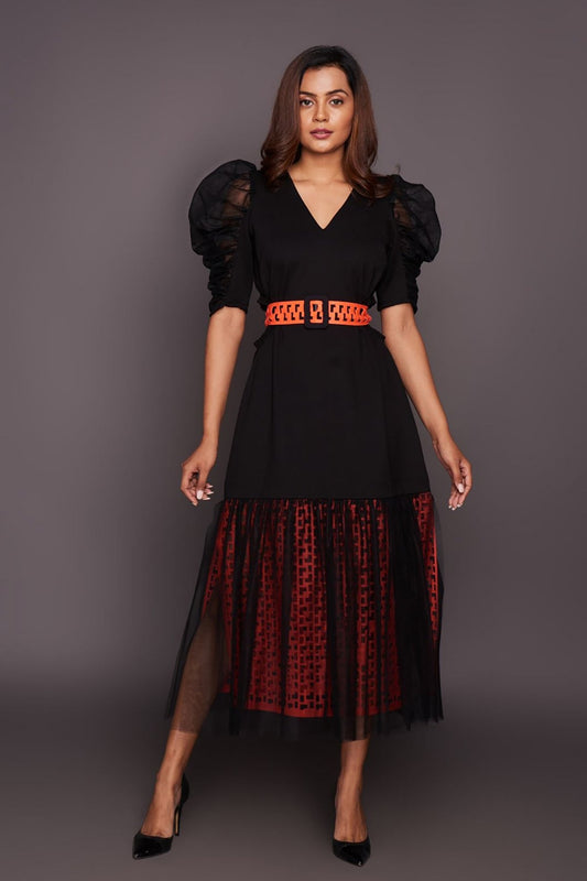 Black Neon Bottom Cutwork Dress With Belt