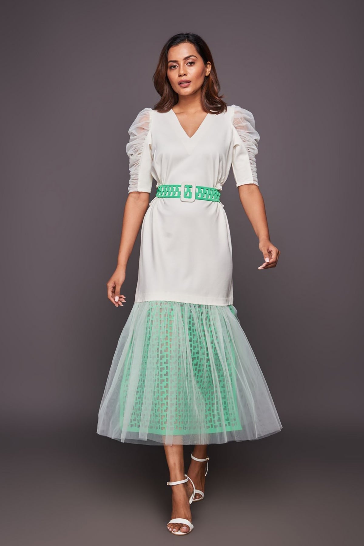 White Neon Bottom Cutwork Dress With Belt